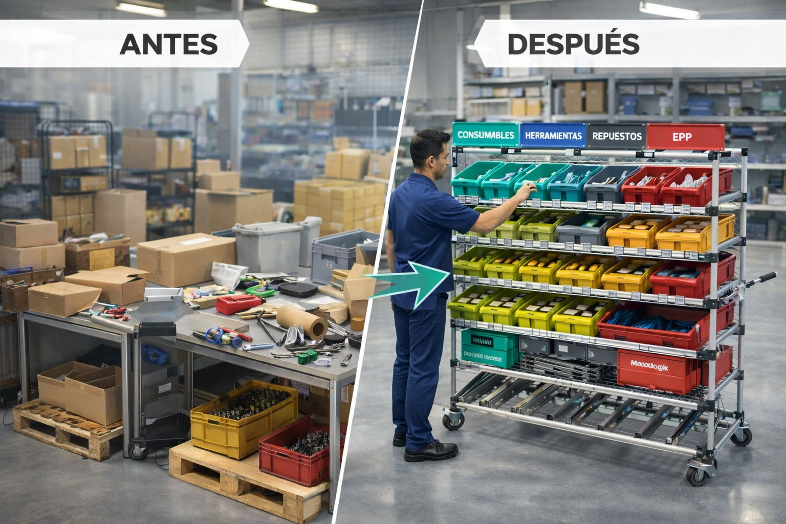Antes y después de un espacio de trabajo industrial organizado con el sistema modular FLEXLOGIK de Masklogik